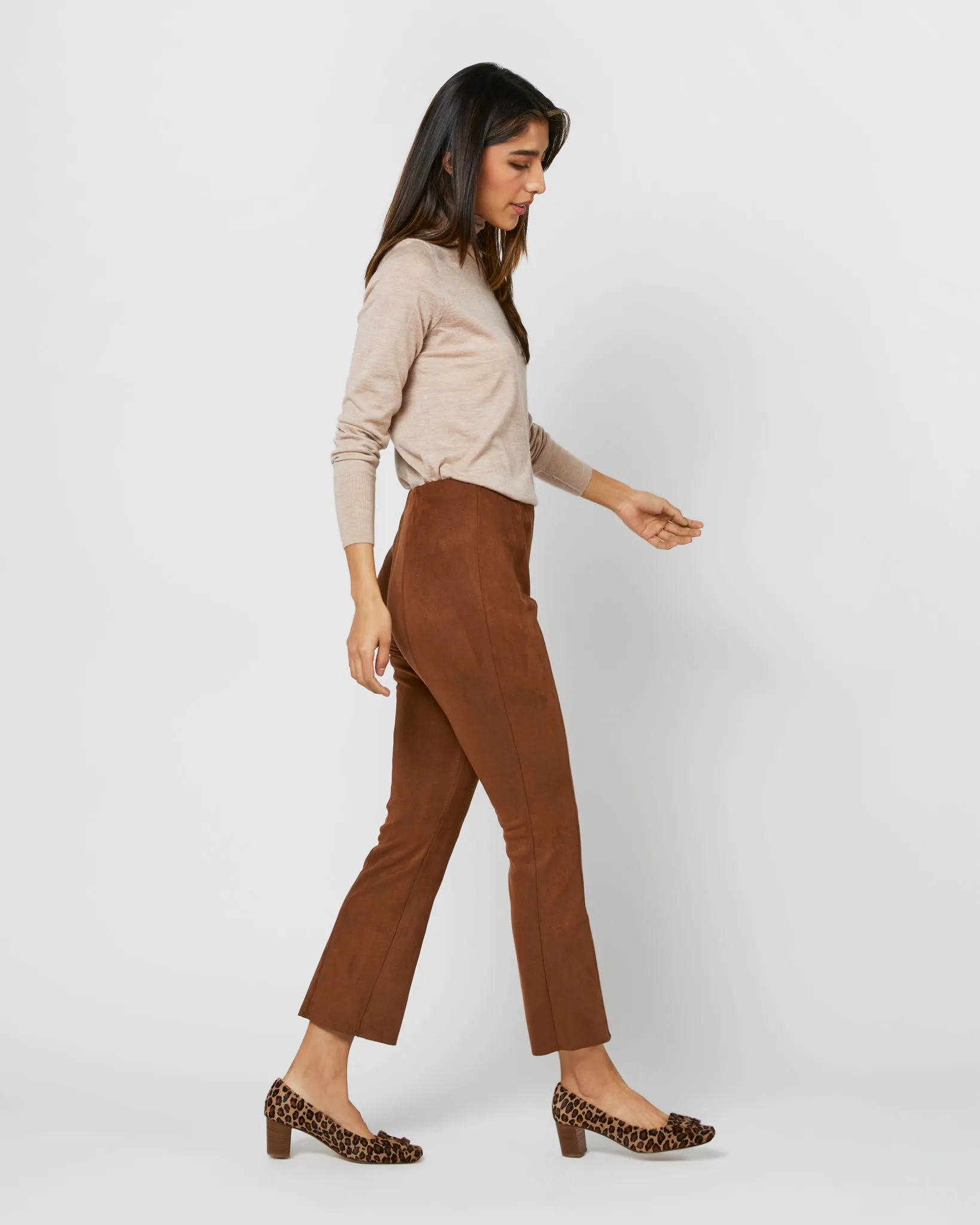 Faye Flare Cropped Seamed Pant in Cognac Vegan Suede