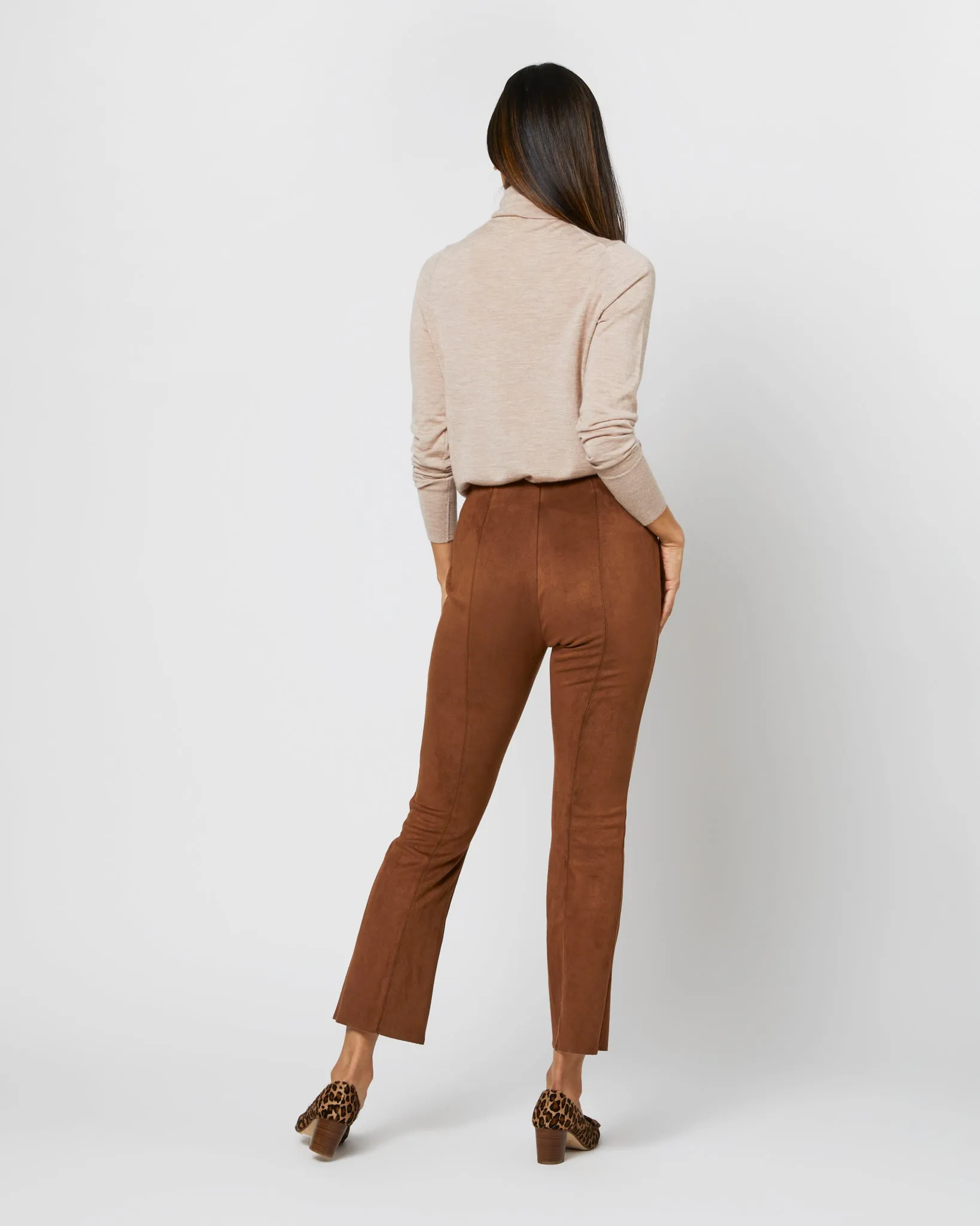 Faye Flare Cropped Seamed Pant in Cognac Vegan Suede