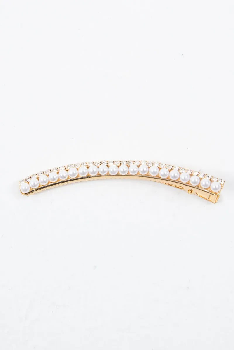 Gold Pearl Diamante Detail Crocodile Barrette - Dolli