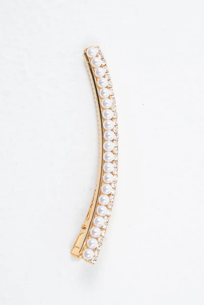 Gold Pearl Diamante Detail Crocodile Barrette - Dolli