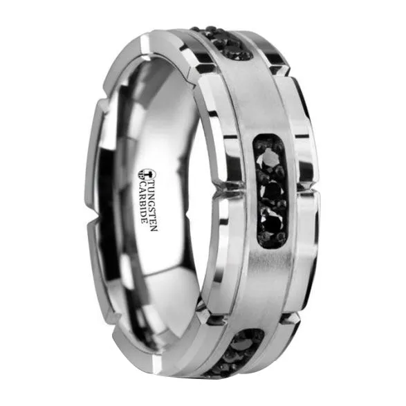 Grooved Tungsten Ring with Silver Inlay & Black Diamonds