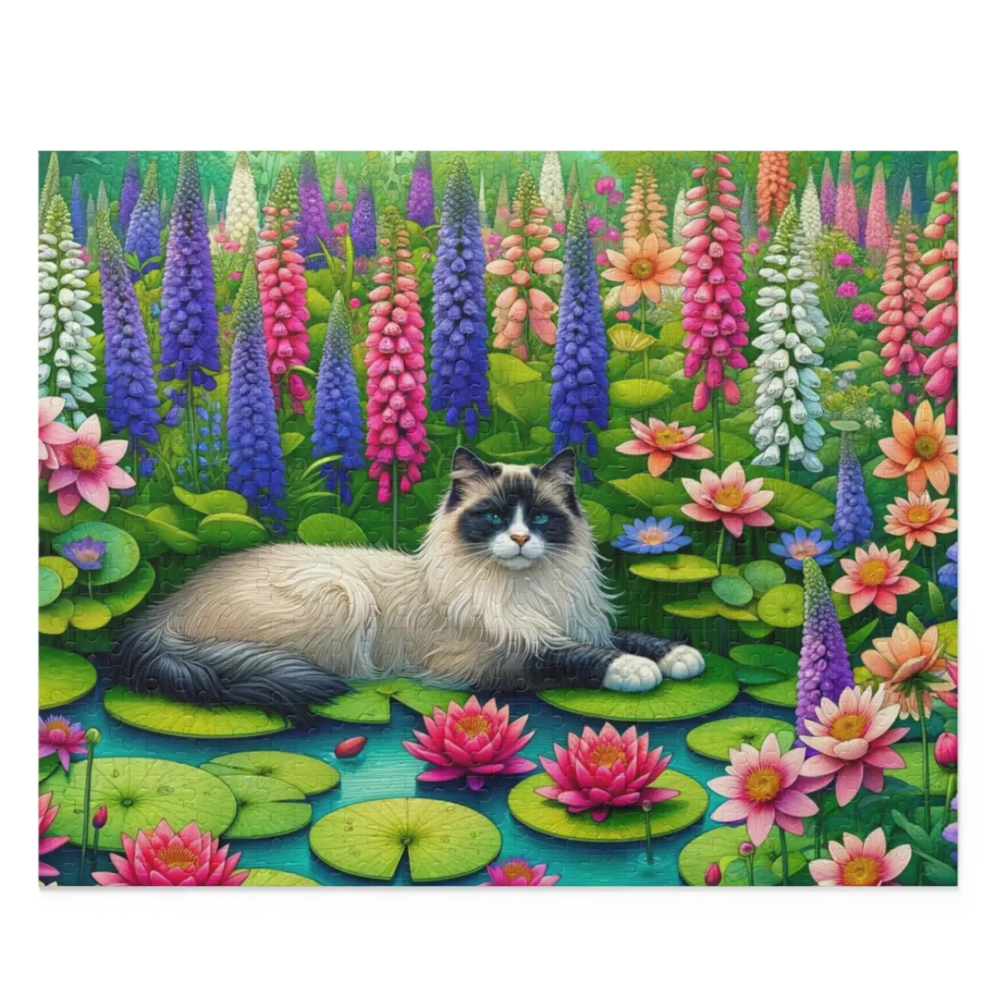 July Birth Flower -  Water Lilly and Larkspur - Cat Lover - Jigsaw Puzzle 120- 252- 500-Piece