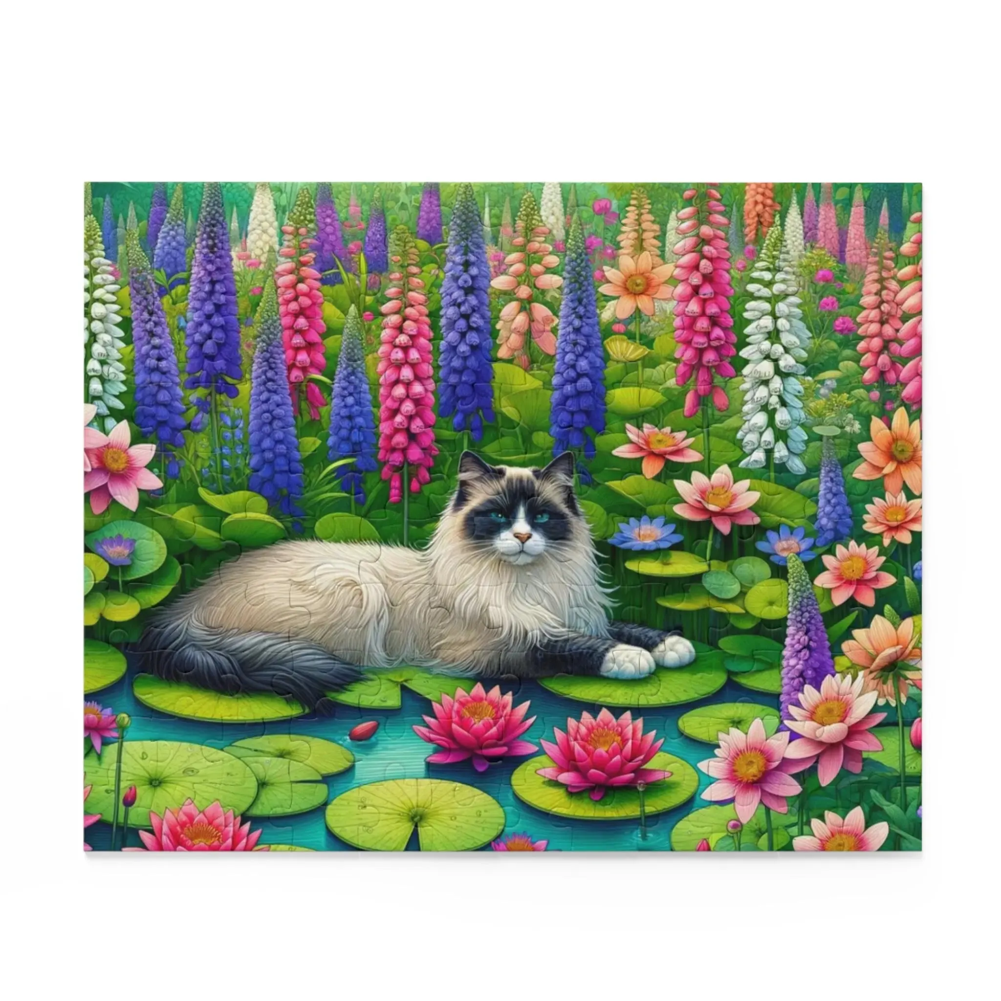 July Birth Flower -  Water Lilly and Larkspur - Cat Lover - Jigsaw Puzzle 120- 252- 500-Piece