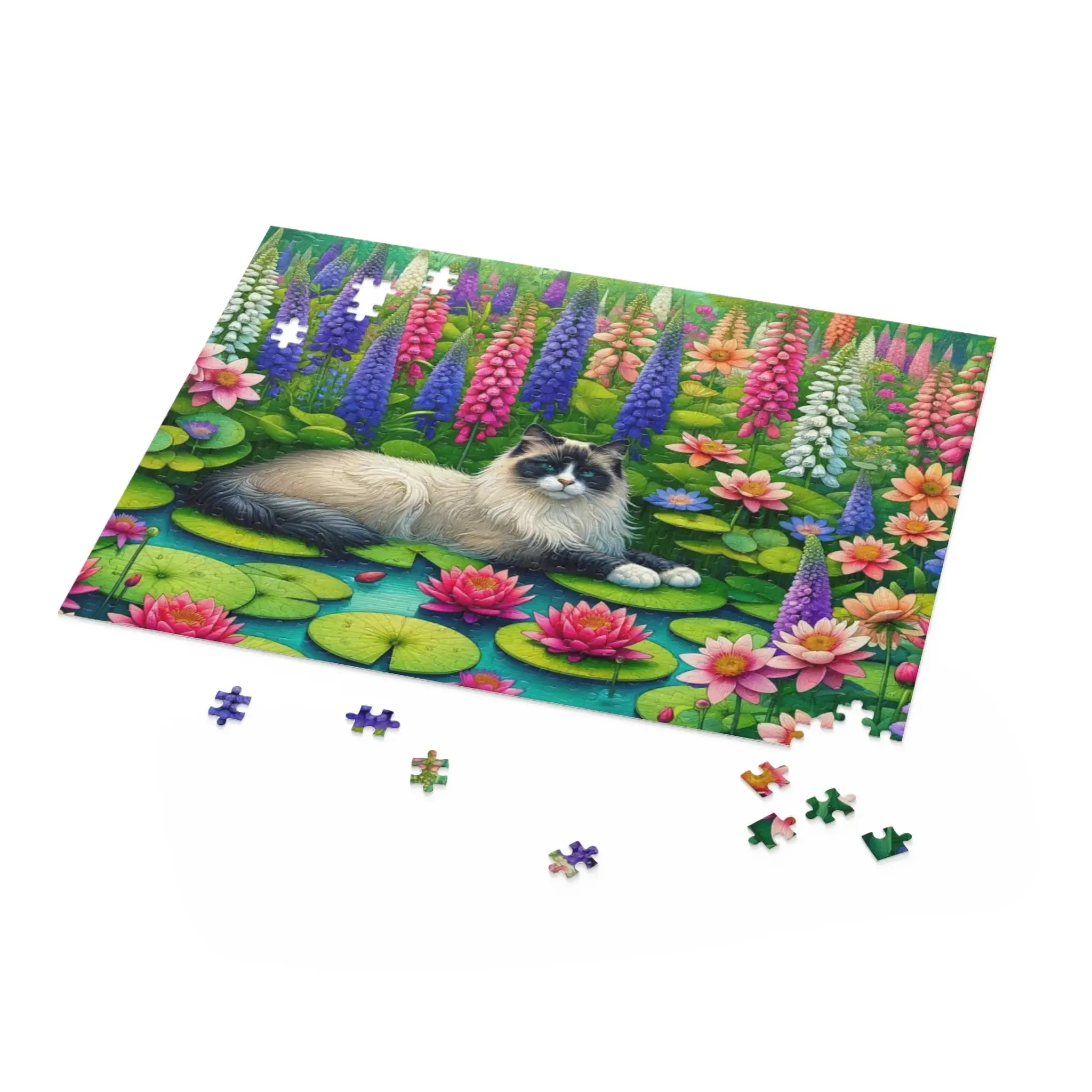 July Birth Flower -  Water Lilly and Larkspur - Cat Lover - Jigsaw Puzzle 120- 252- 500-Piece