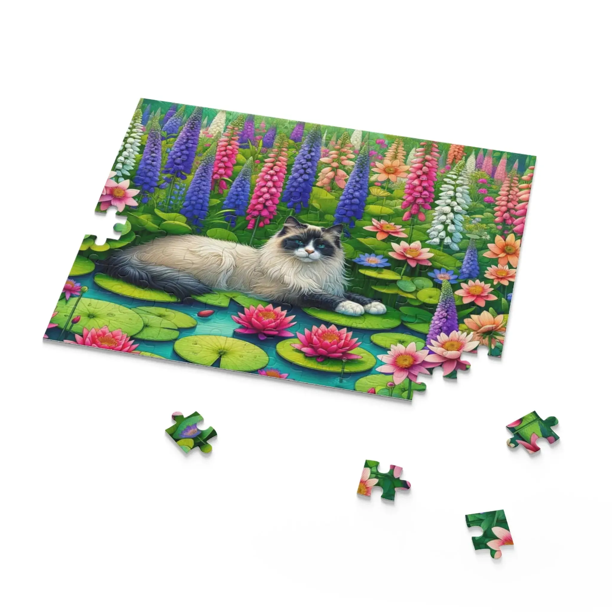 July Birth Flower -  Water Lilly and Larkspur - Cat Lover - Jigsaw Puzzle 120- 252- 500-Piece