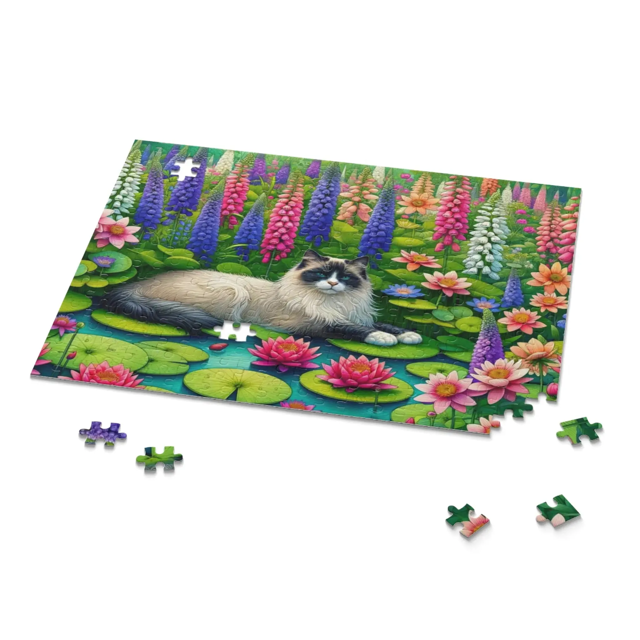 July Birth Flower -  Water Lilly and Larkspur - Cat Lover - Jigsaw Puzzle 120- 252- 500-Piece