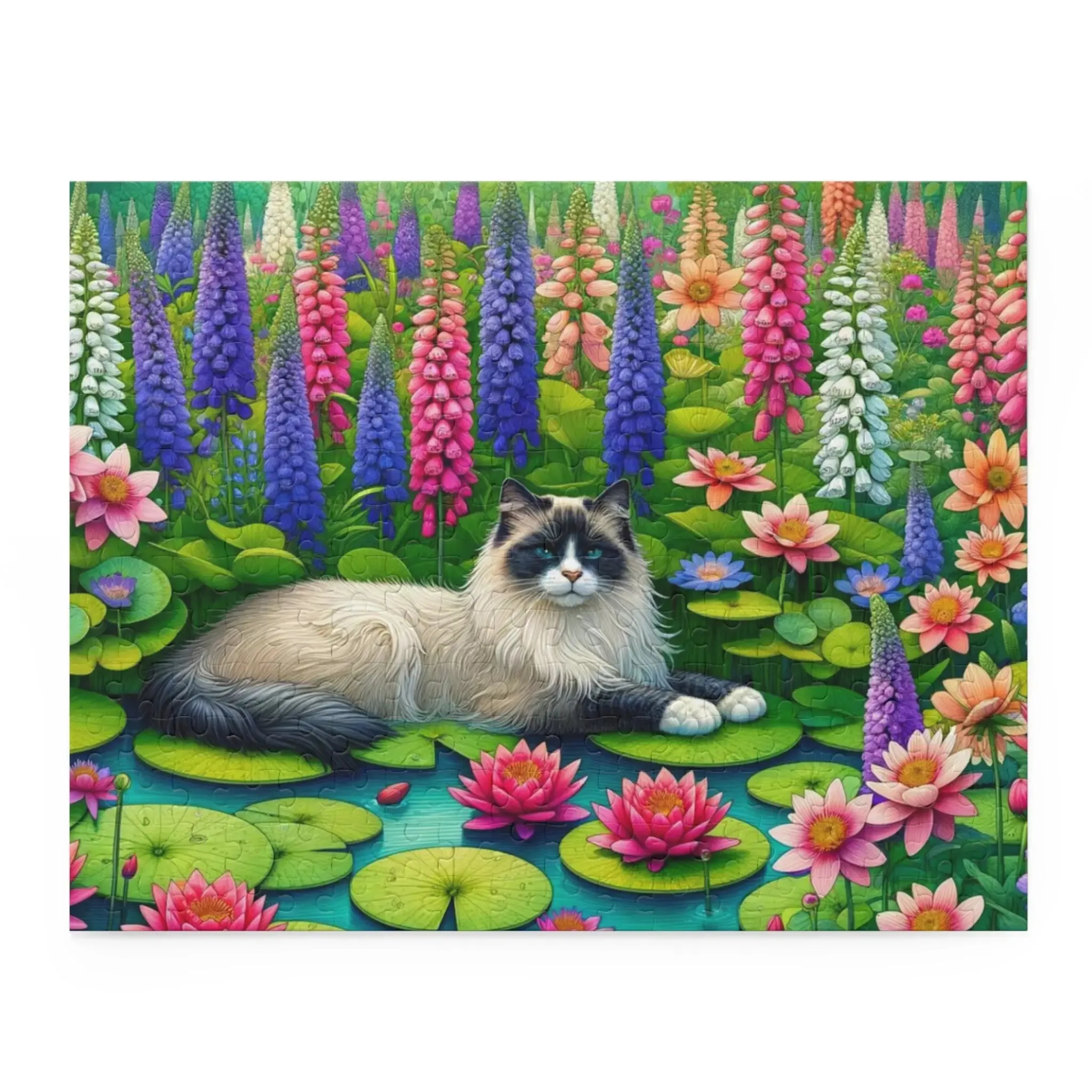 July Birth Flower -  Water Lilly and Larkspur - Cat Lover - Jigsaw Puzzle 120- 252- 500-Piece