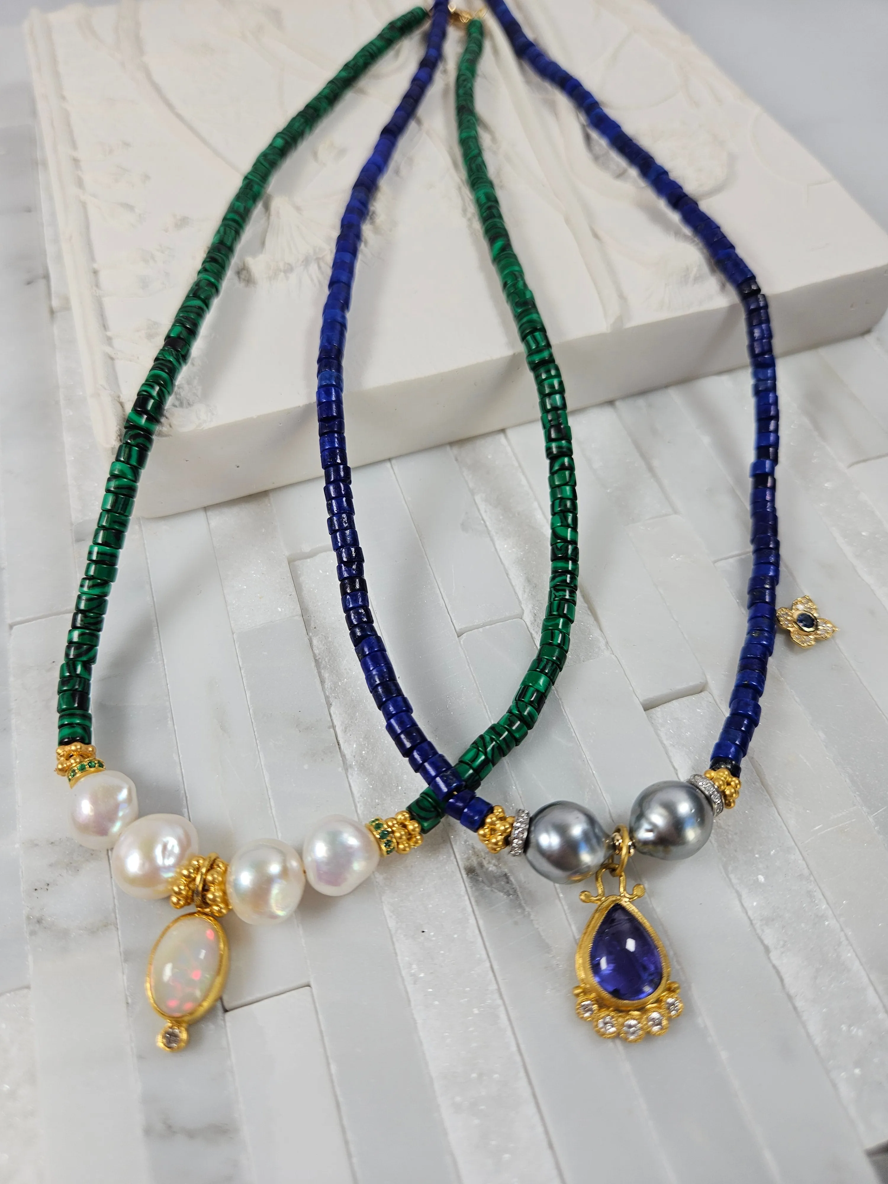 Lapis, Tahitian Pearl, Tanzanite and Diamond Gold Necklace 18"