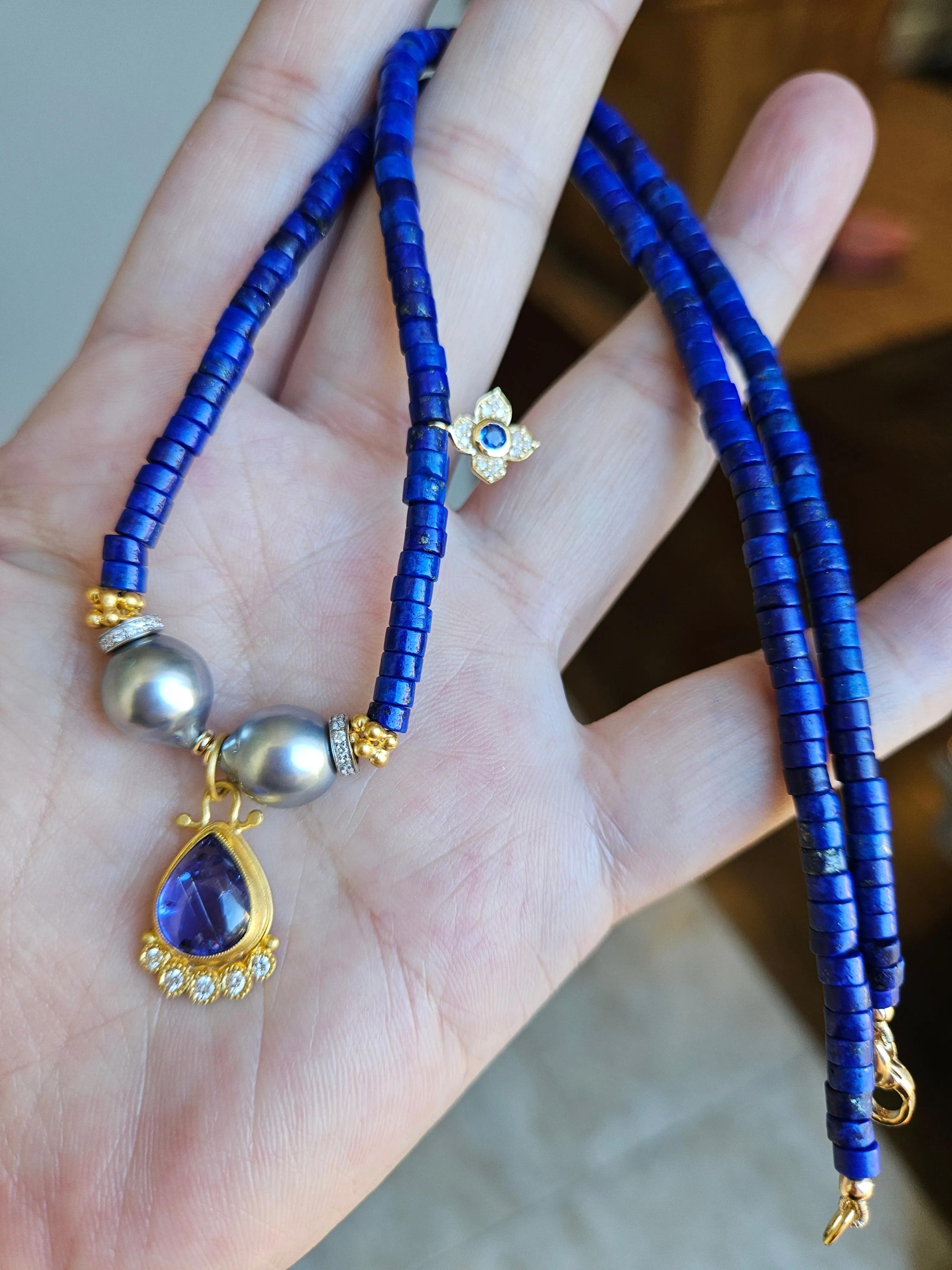 Lapis, Tahitian Pearl, Tanzanite and Diamond Gold Necklace 18"