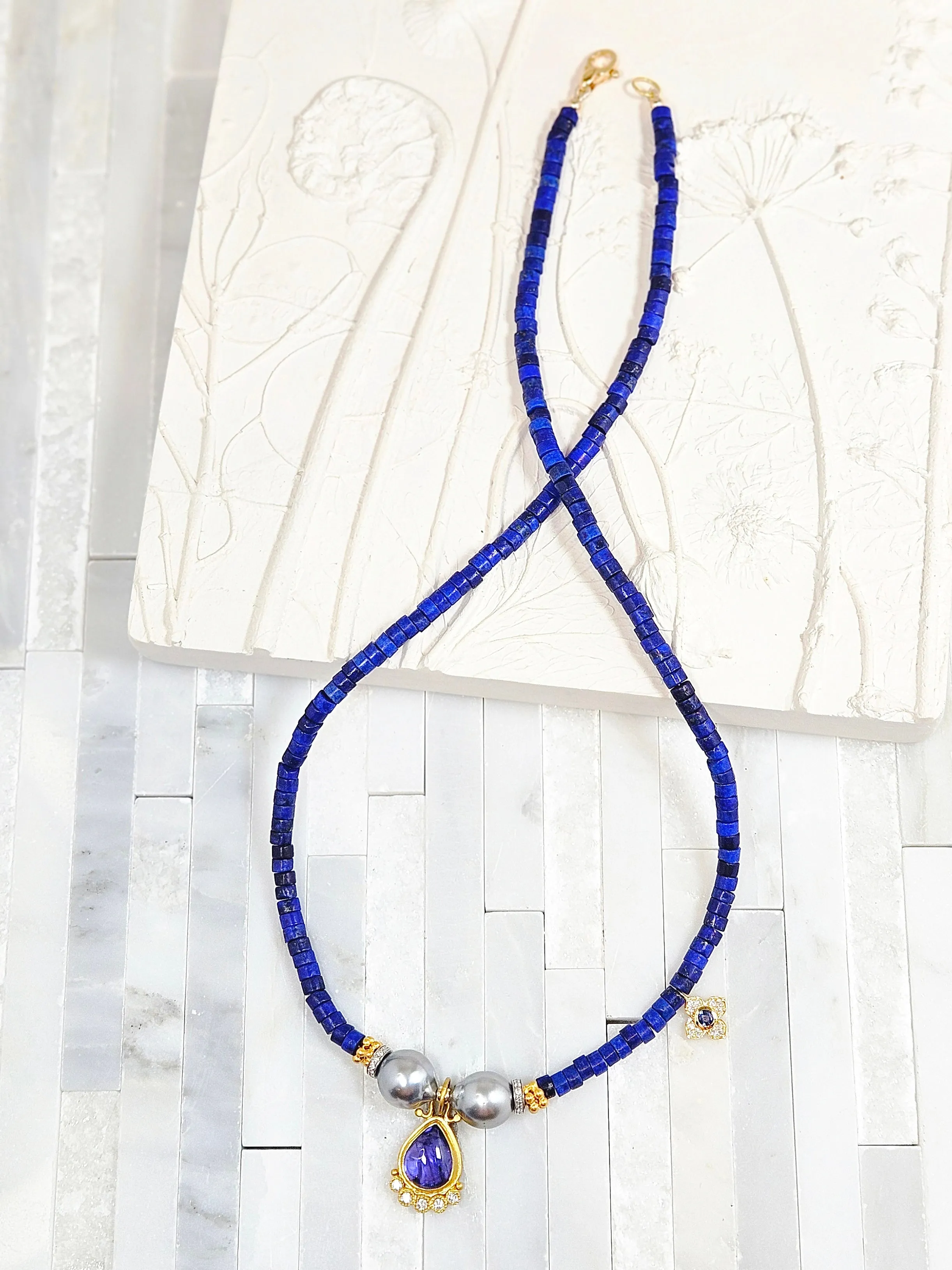 Lapis, Tahitian Pearl, Tanzanite and Diamond Gold Necklace 18"