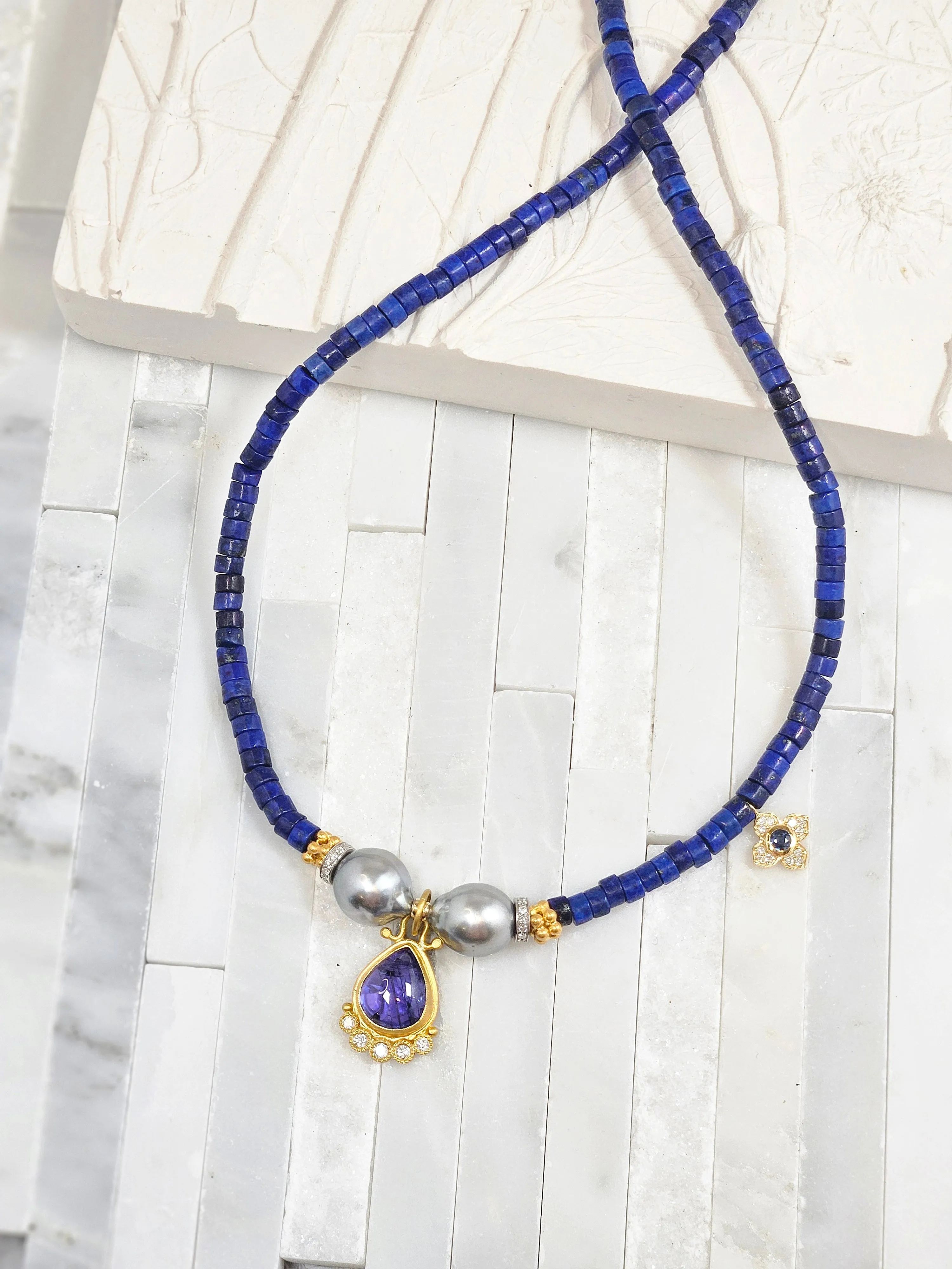 Lapis, Tahitian Pearl, Tanzanite and Diamond Gold Necklace 18"