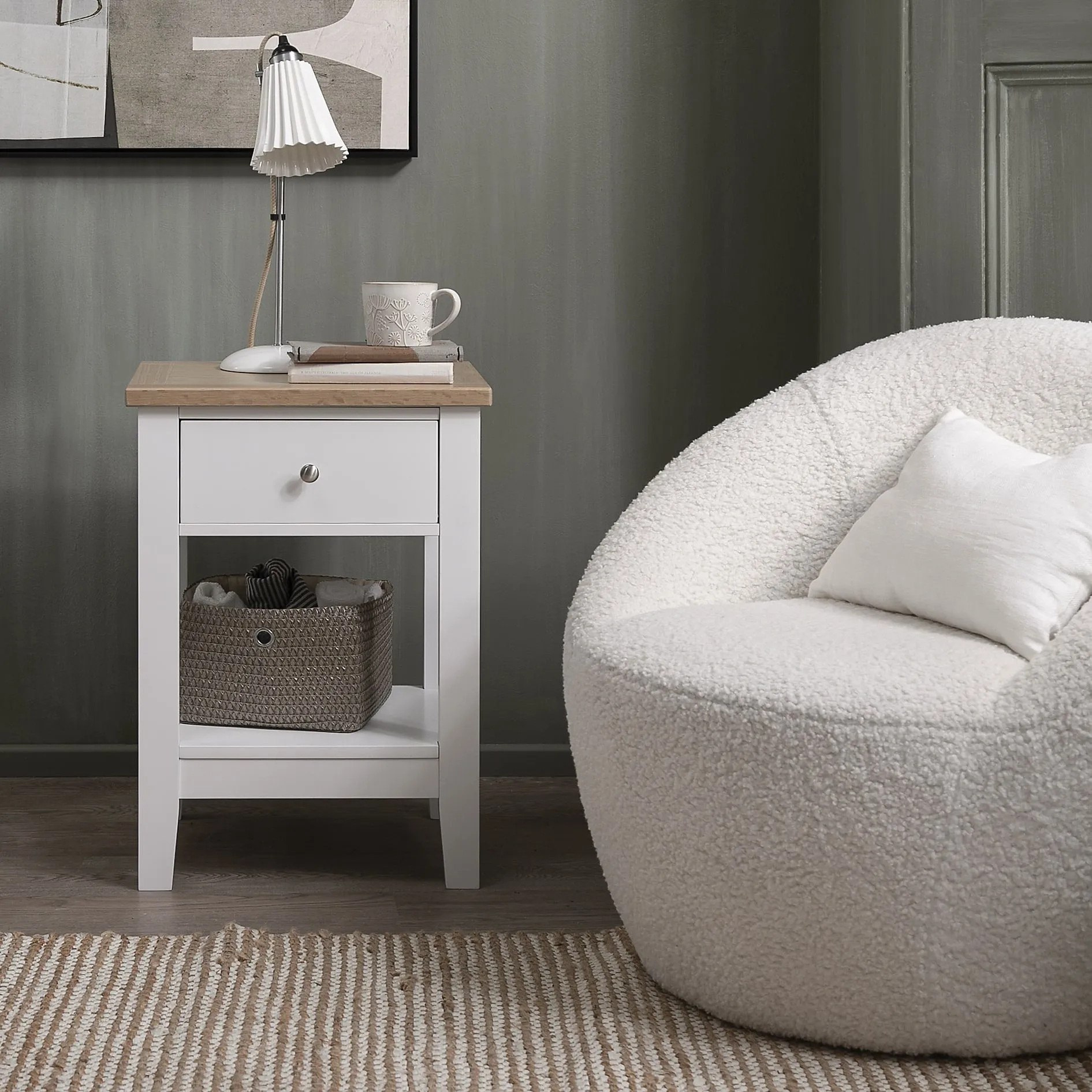 Leines 1 Drawer Bedside Table in White & Oak