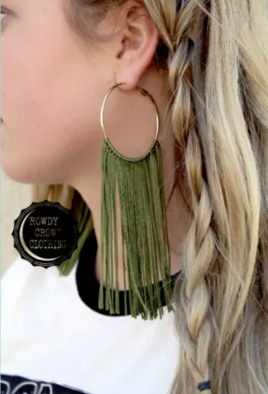 Light Olive Frio Fringe Earrings by Rowdy Crowd