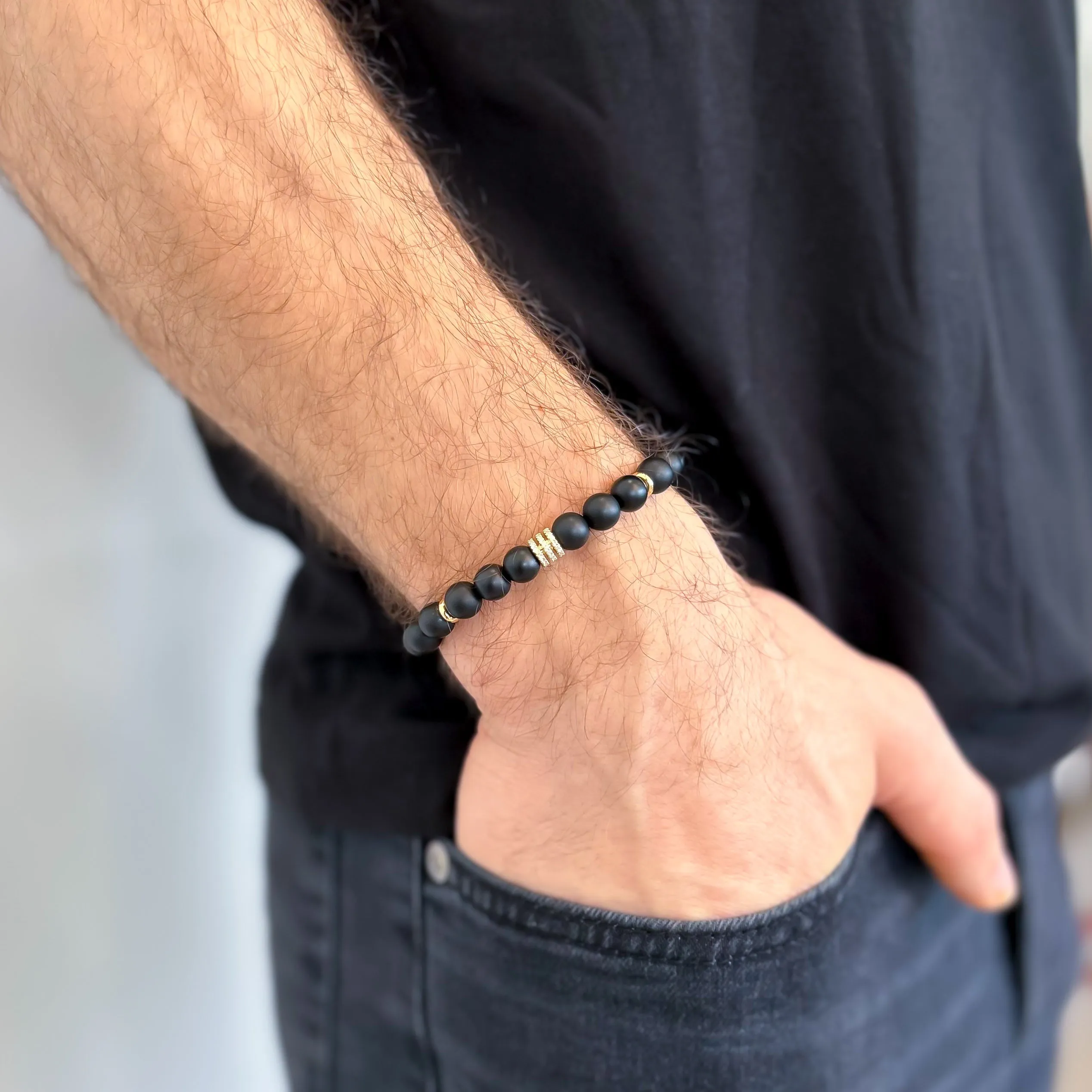 Men's Adjustable Black Onyx & Diamond Bracelet