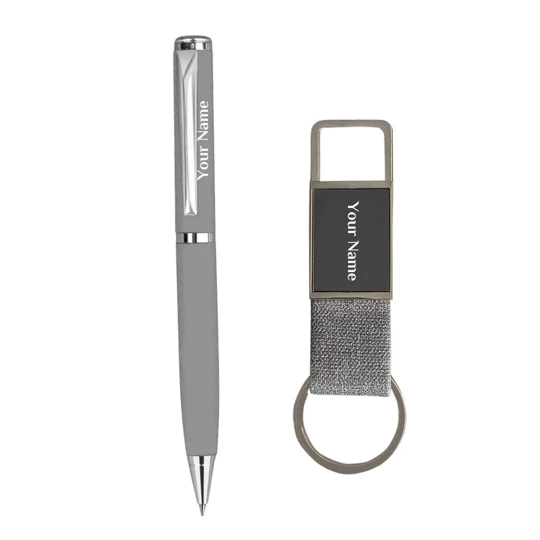 Name Engraved Metallic Pen and Keychain - Grey