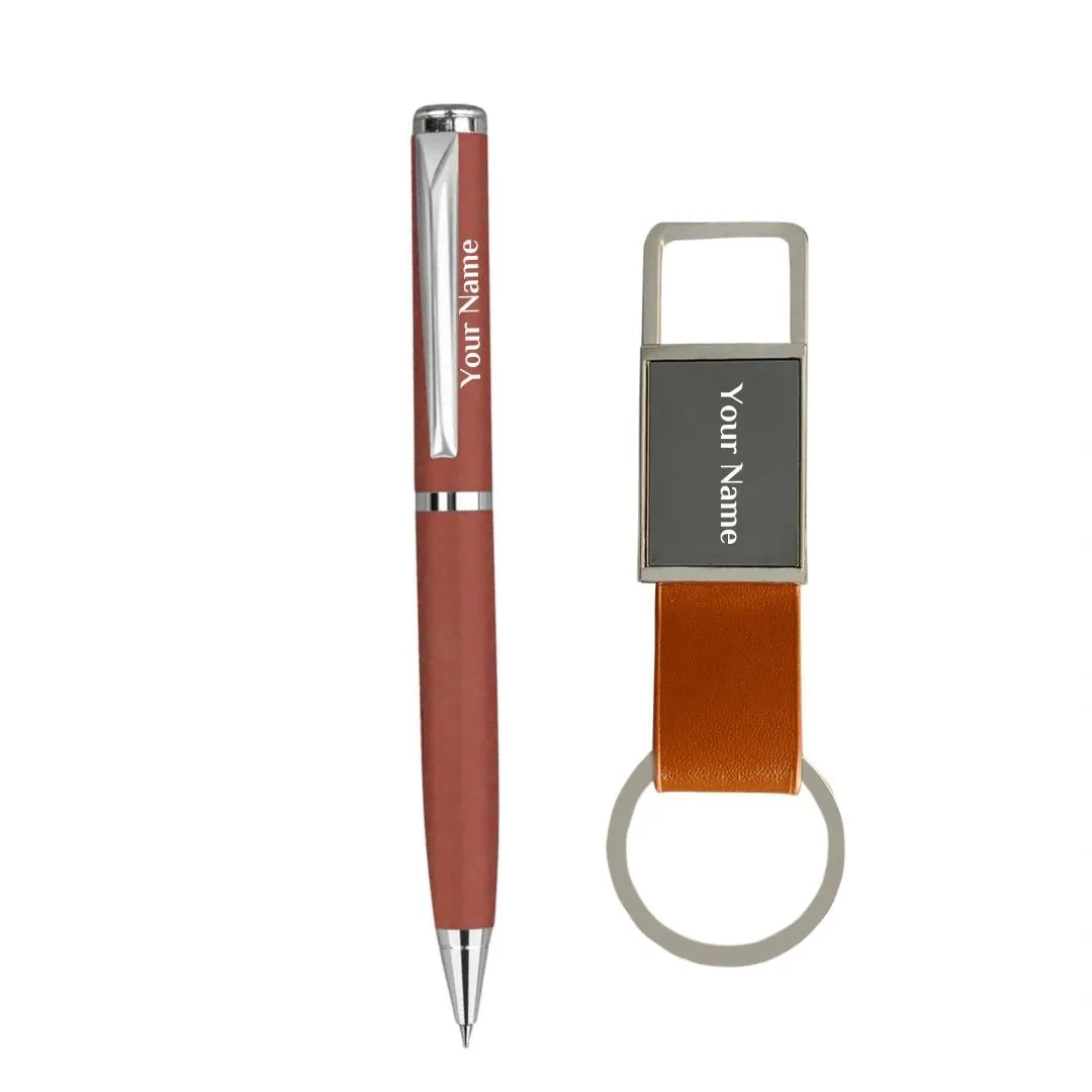 Name Engraved Metallic Pen and Keychain - Tan