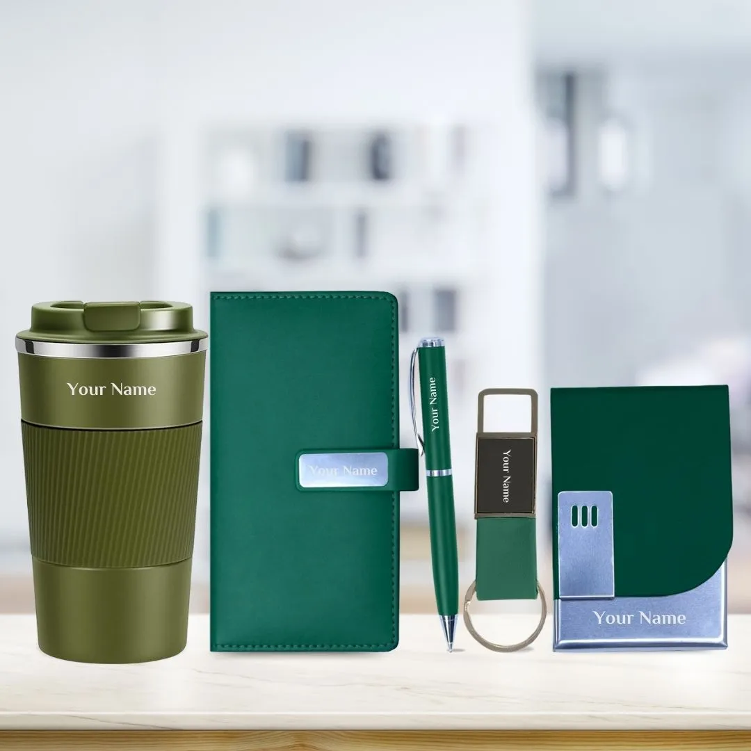 Personalized Gift Set - Mini Diary, Tumbler, Metal Pen, Keychain, and Leather Cardholder (Green)