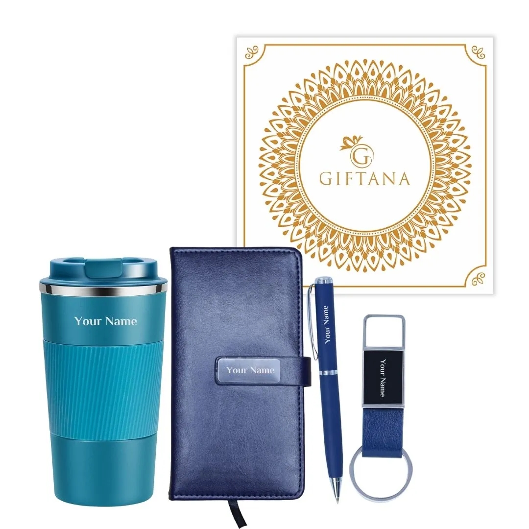 Personalized Gift Set with Coffee Tumbler, Leather Diary, Metal Pen, and Leather Keychain - Blue