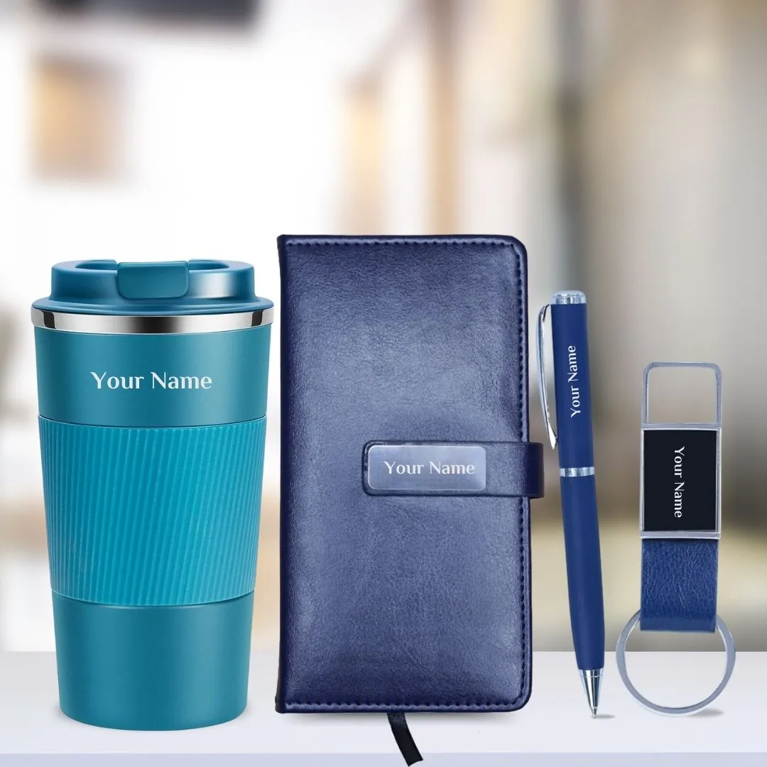 Personalized Gift Set with Coffee Tumbler, Leather Diary, Metal Pen, and Leather Keychain - Blue