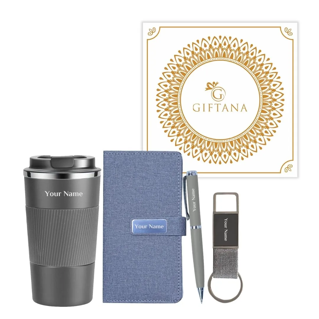 Personalized Gift Set with Coffee Tumbler, Leather Diary, Metal Pen, and Leather Keychain - Jute