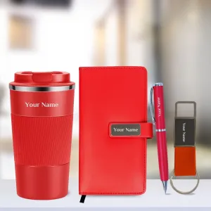 Personalized Gift Set with Coffee Tumbler, Leather Diary, Metal Pen, and Leather Keychain - Red