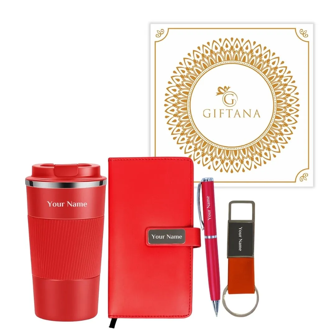 Personalized Gift Set with Coffee Tumbler, Leather Diary, Metal Pen, and Leather Keychain - Red