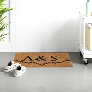 Personalized Initials Coir Doormat with Elegant Leaf Accent – Customizable Welcome Mat