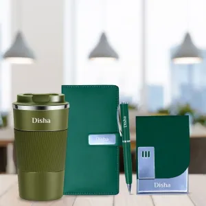 Personalized Office Essentials Gift Set - Coffee Tumbler, Diary, Pen & Cardholder - Green