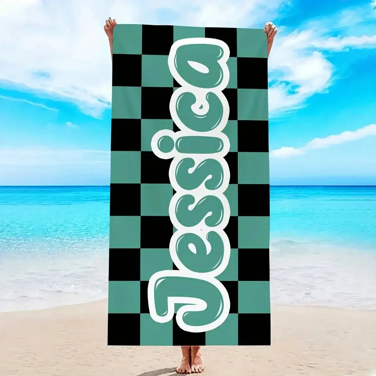 Personalized Oversized Retro Checkered Name Beach Towel