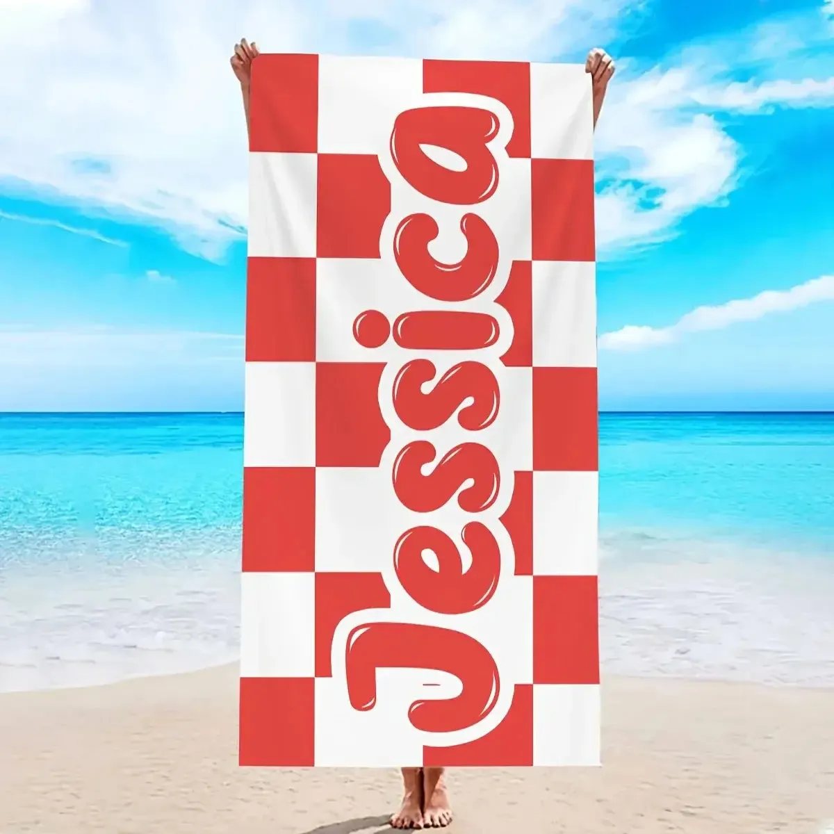 Personalized Oversized Retro Checkered Name Beach Towel