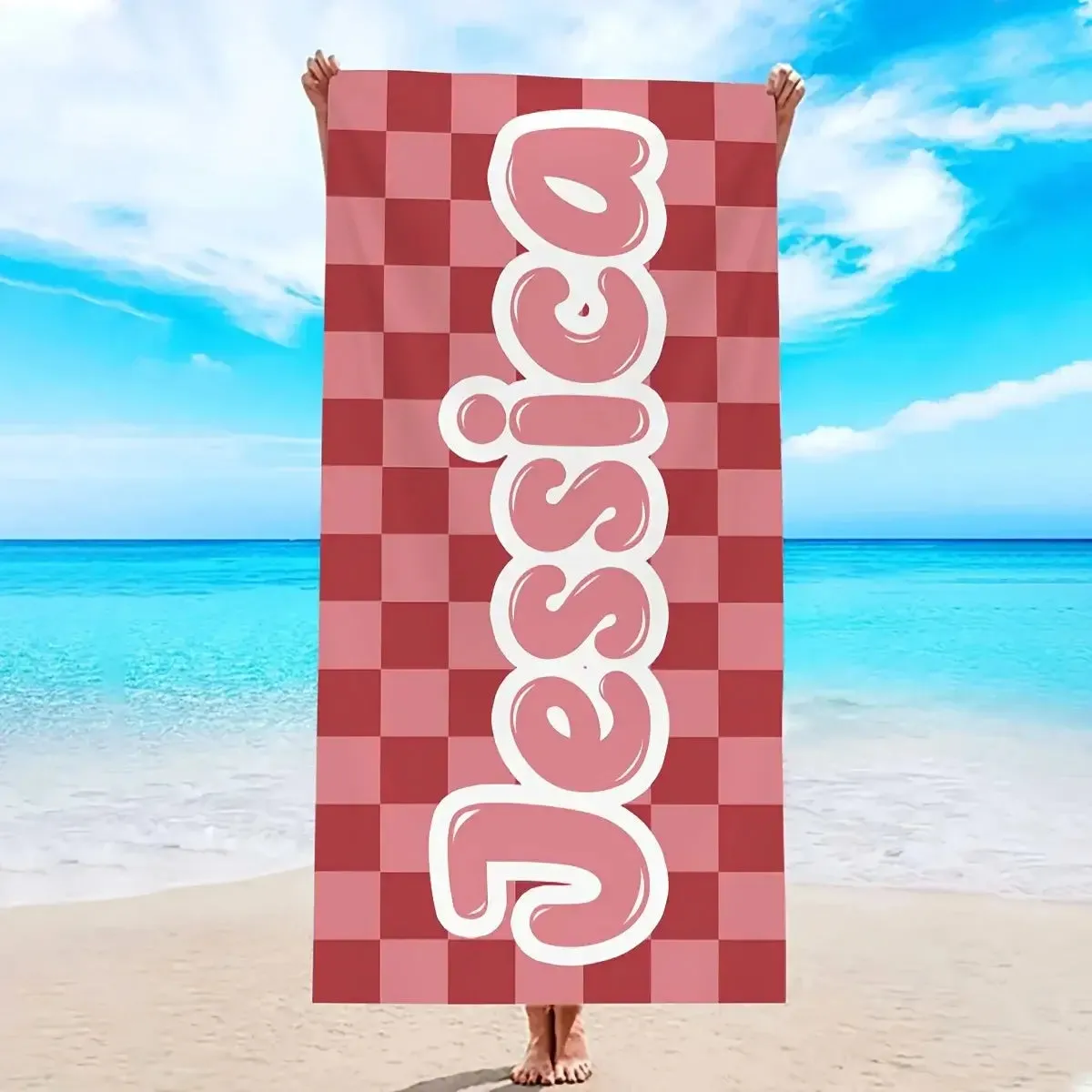 Personalized Oversized Retro Checkered Name Beach Towel