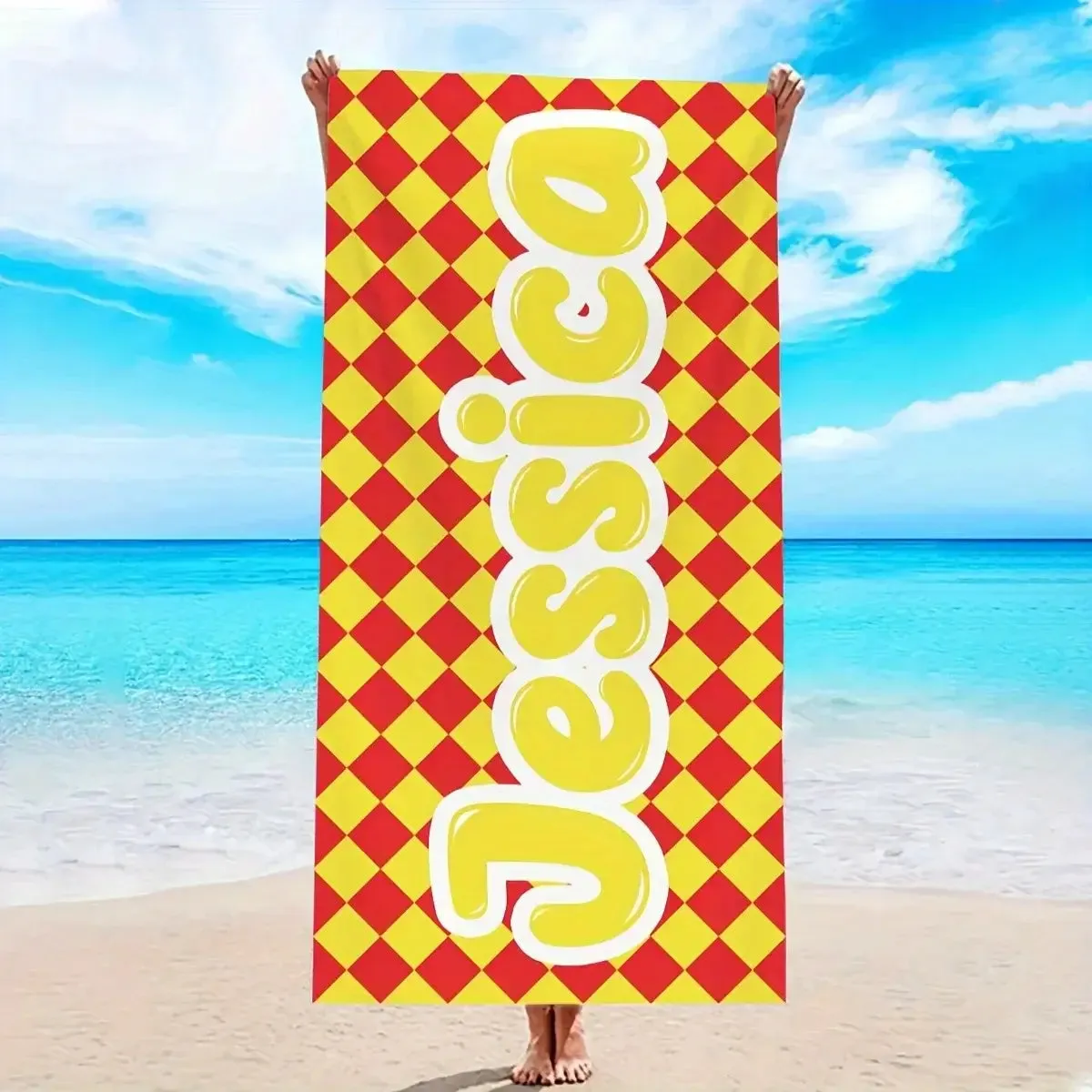 Personalized Oversized Retro Checkered Name Beach Towel