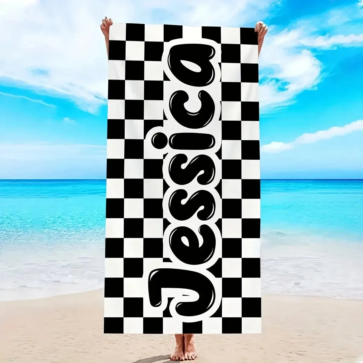 Personalized Oversized Retro Checkered Name Beach Towel