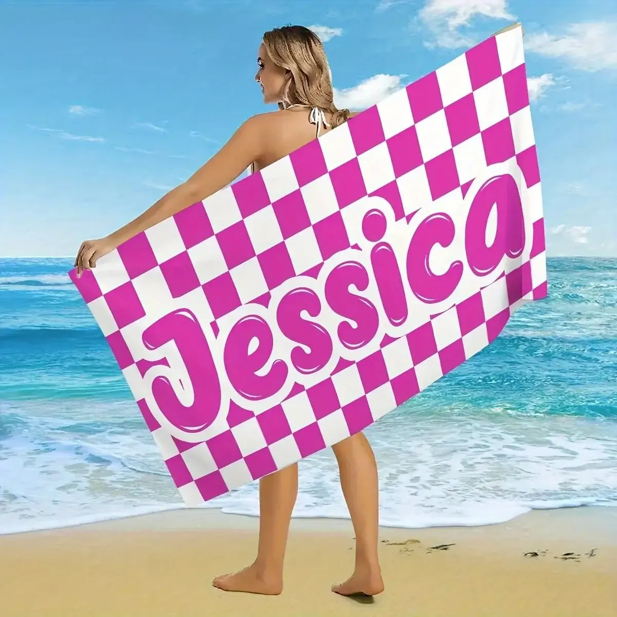 Personalized Oversized Retro Checkered Name Beach Towel