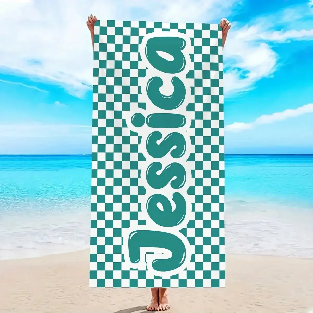 Personalized Oversized Retro Checkered Name Beach Towel