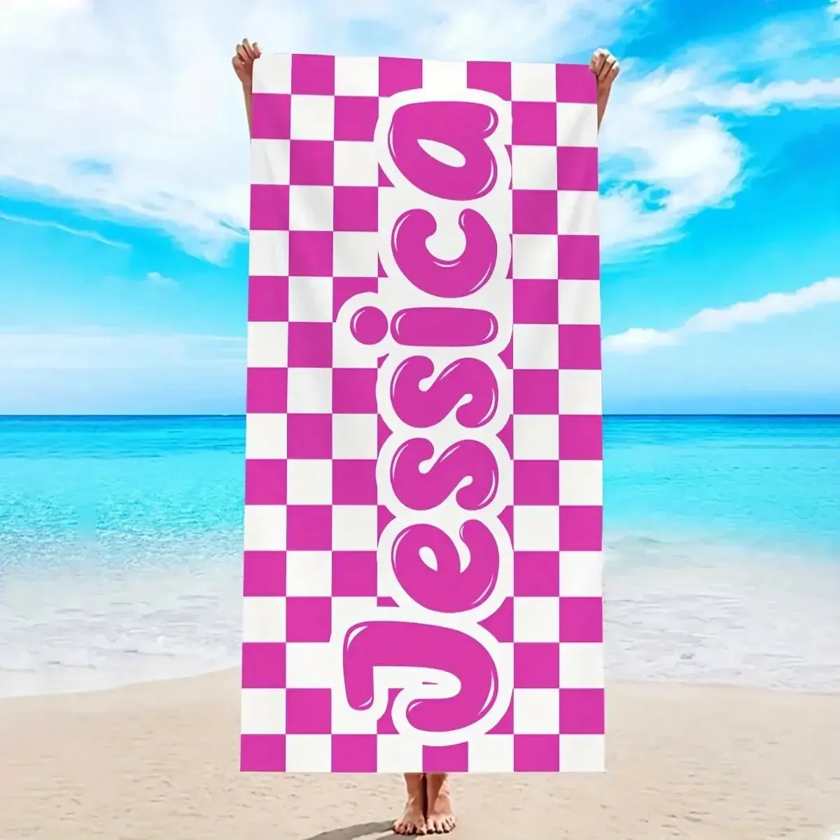 Personalized Oversized Retro Checkered Name Beach Towel