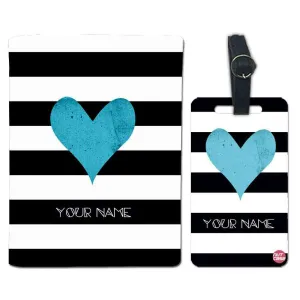 Personalized Passport Cover With Name Suitcase Tag - Blue Heart with Black Strips