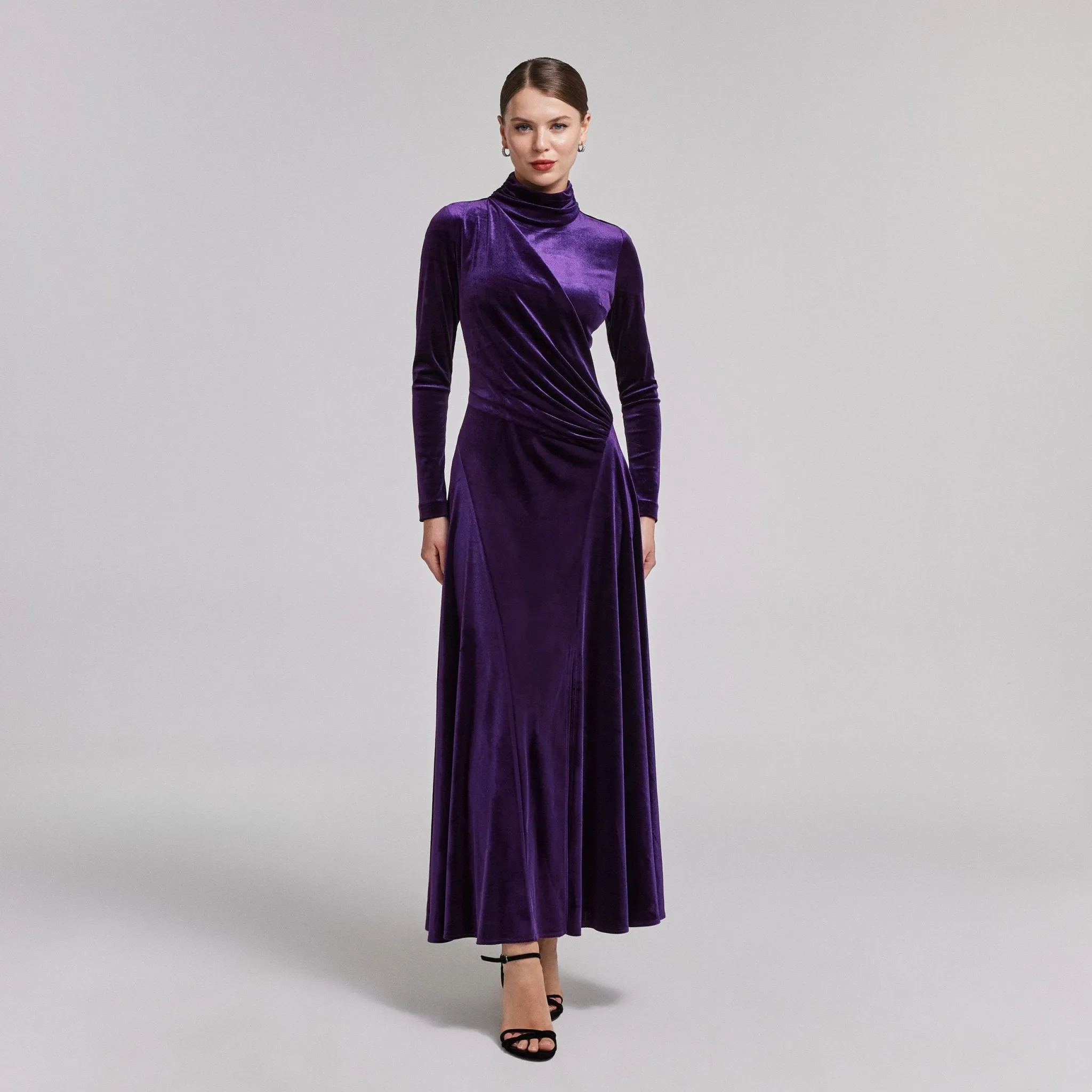 Purple Velvet Mock Neck Maxi Dress