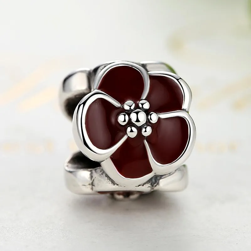 PY1328 925 Sterling Silver Red Enamel Flower Charm Bead