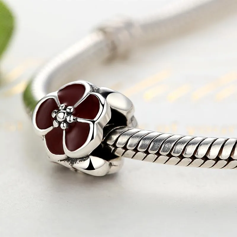 PY1328 925 Sterling Silver Red Enamel Flower Charm Bead