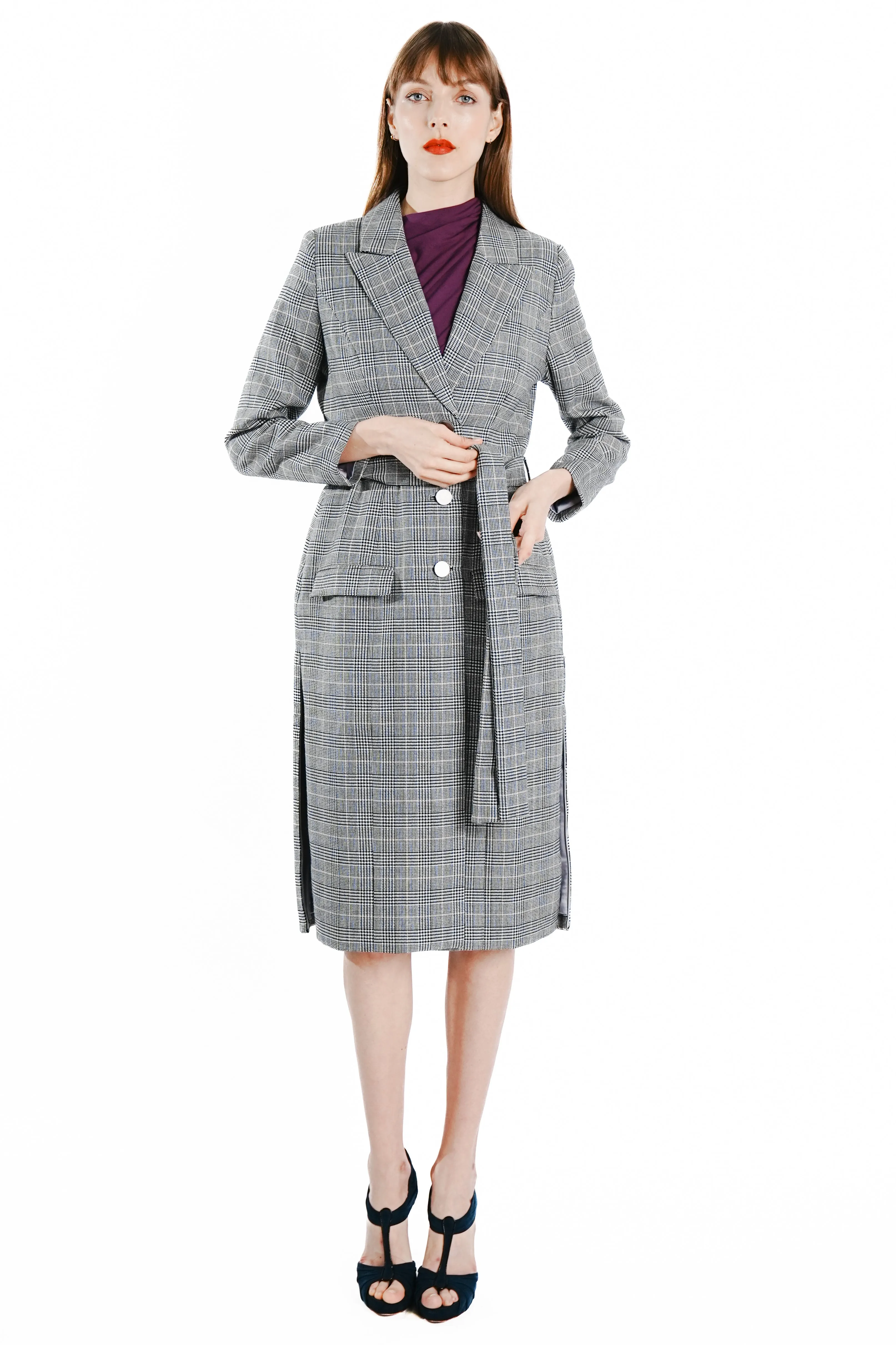 Sianna Maxi Wool Glen Plaid Coat with Side Zipper