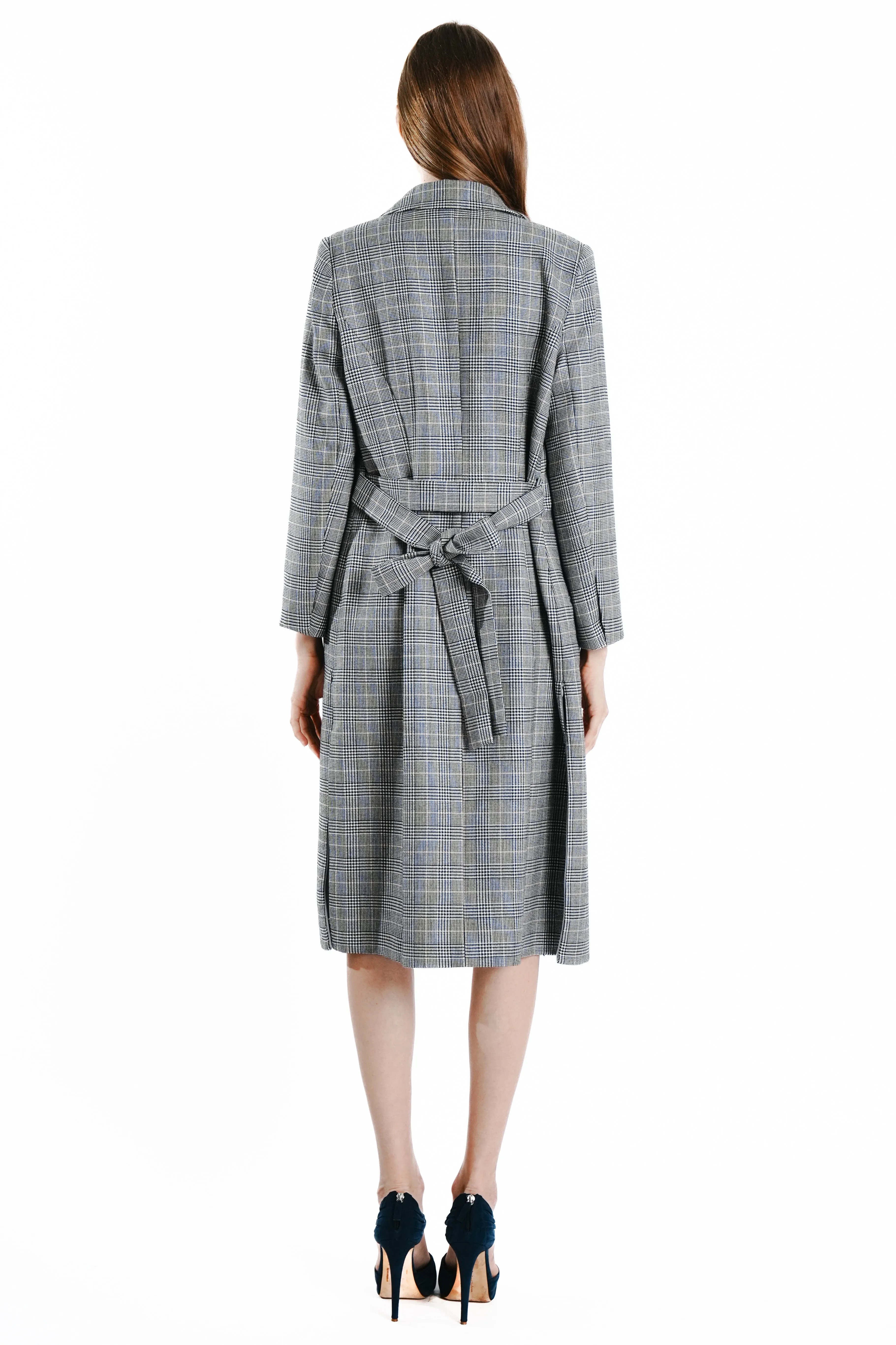 Sianna Maxi Wool Glen Plaid Coat with Side Zipper