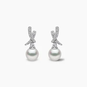 Sleek 18K Gold Akoya Pearl and Diamond Mini Cross Earrings