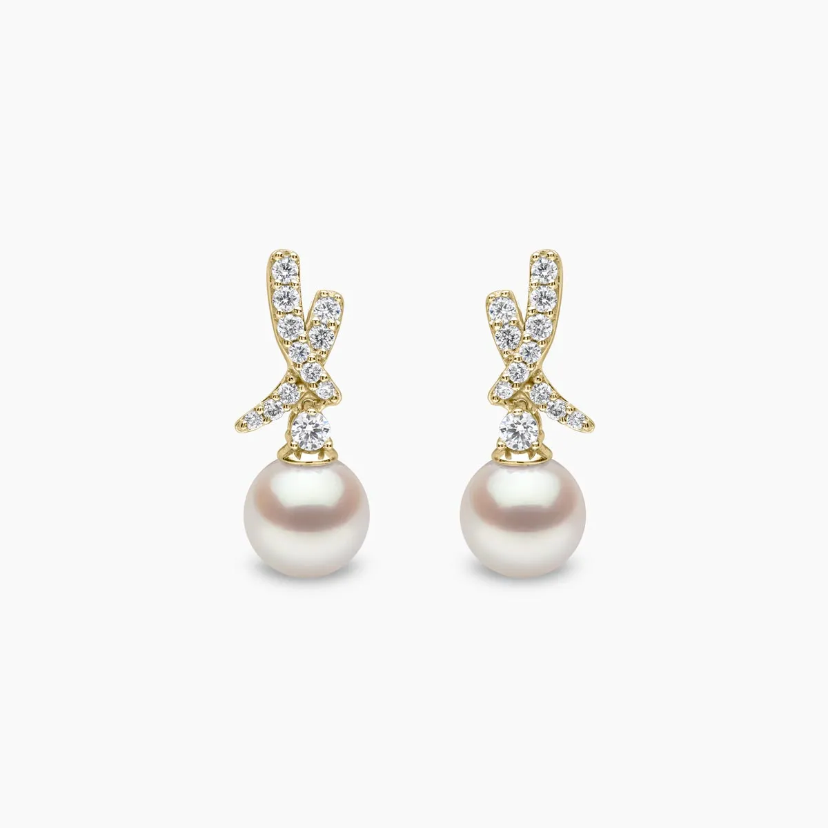 Sleek 18K Gold Akoya Pearl and Diamond Mini Cross Earrings