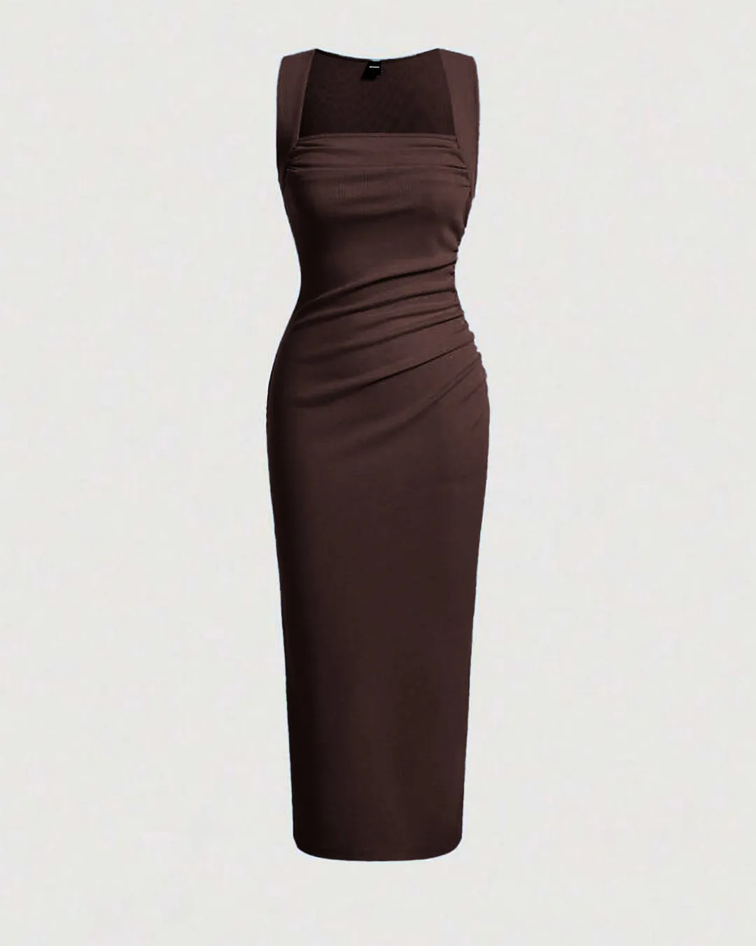 Solid Ruched Sleeveless Ribbed Knit Dress In Chocolate Brown