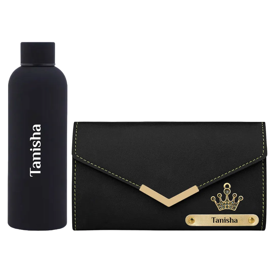 Stylish Gift Set: Personalized Ladies Wallet & Rubber Bottle - Black