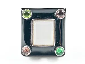 Unique Rectangle Shape With Multi Color Corner Crystals & Center Rectangle Pink Stone Brass Ring