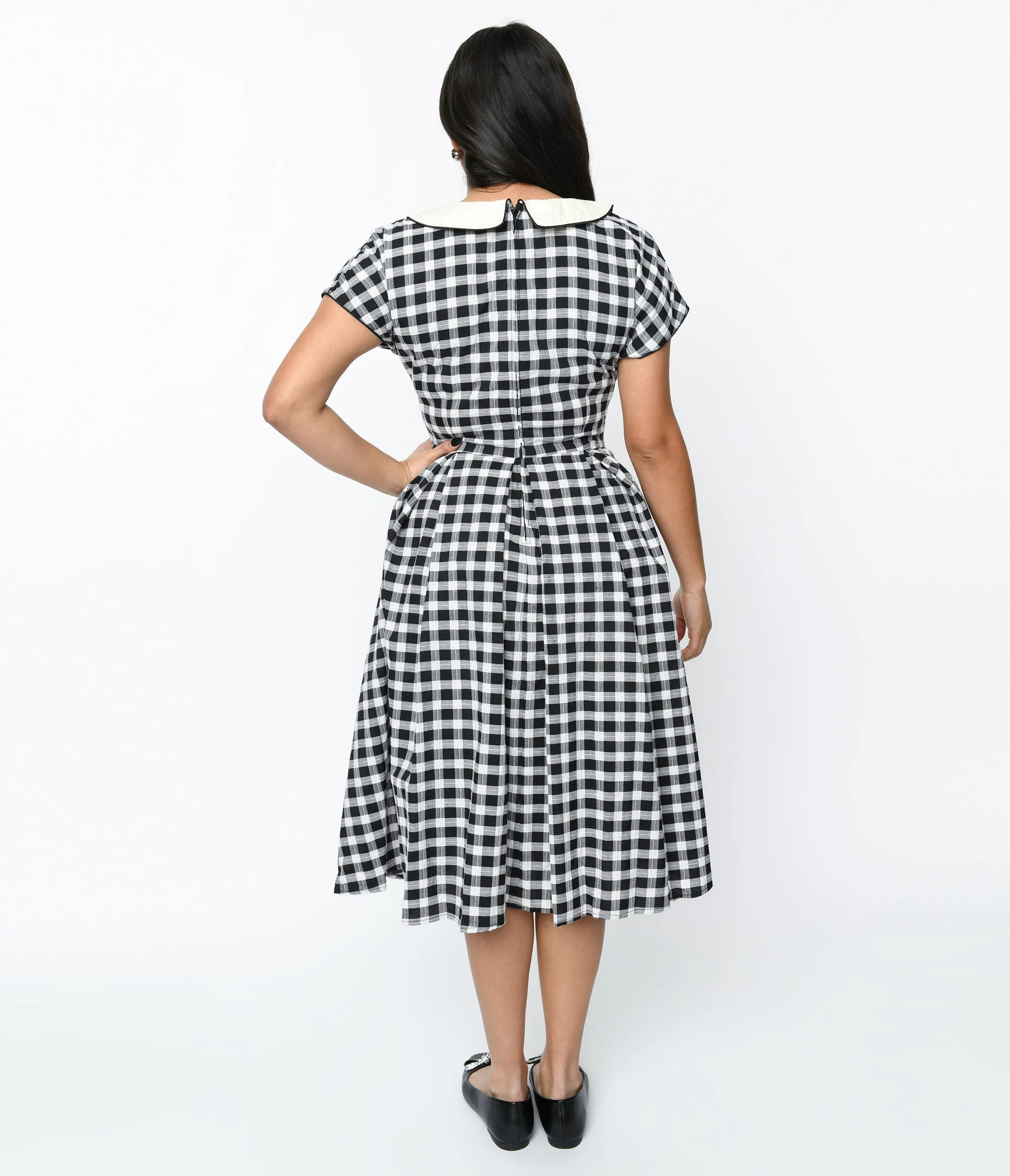 Unique Vintage 1950s White & Black Gingham Swing Dress