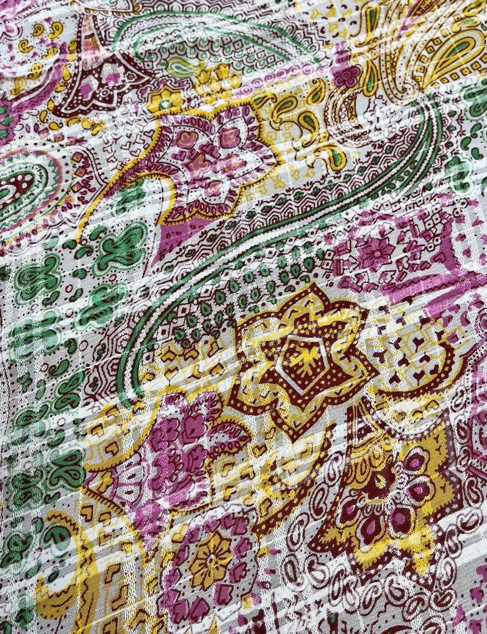 White & Colorful Paisley Print Sheer Textured Georgette Fabric - 3 yds